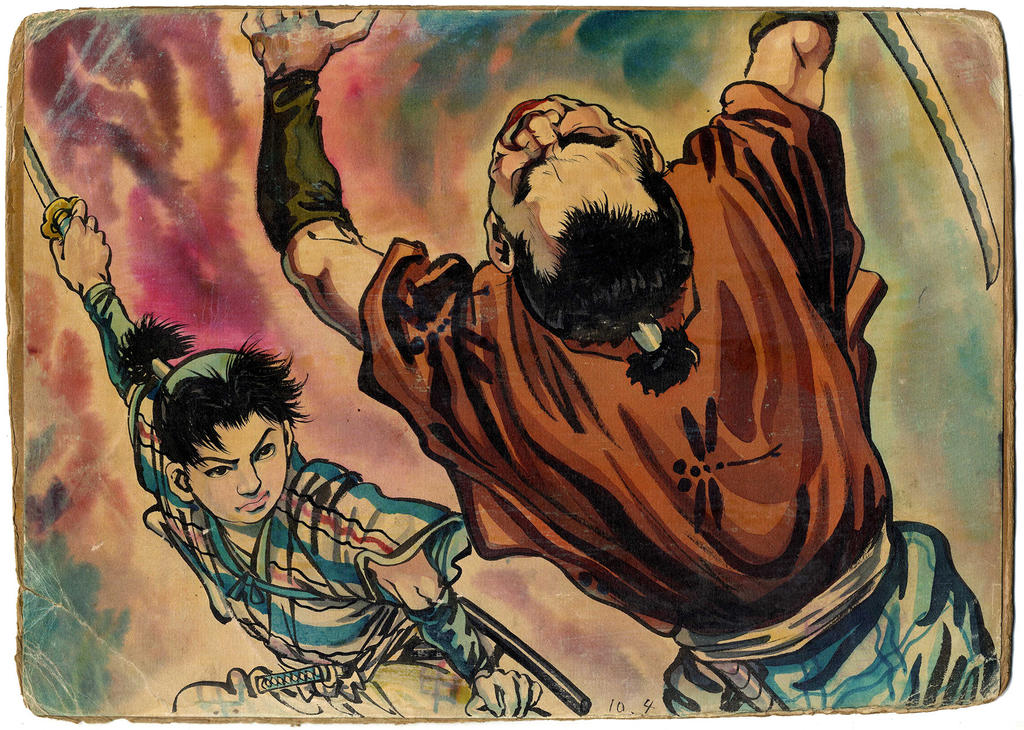 Susumu Uchida, planche de kamishibai : Ōgon dani no kettō (Le Duel de la vallée de l'or), Japon, vers 1960. Encre et couleurs sur papier, 26 x 35 cm. Collection particulière. 